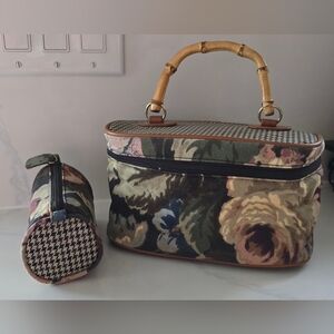 Vtg Avon Autumn Rose Floral Houndstooth Canvas Bamboo‎ Makeup Bag Accessory Set